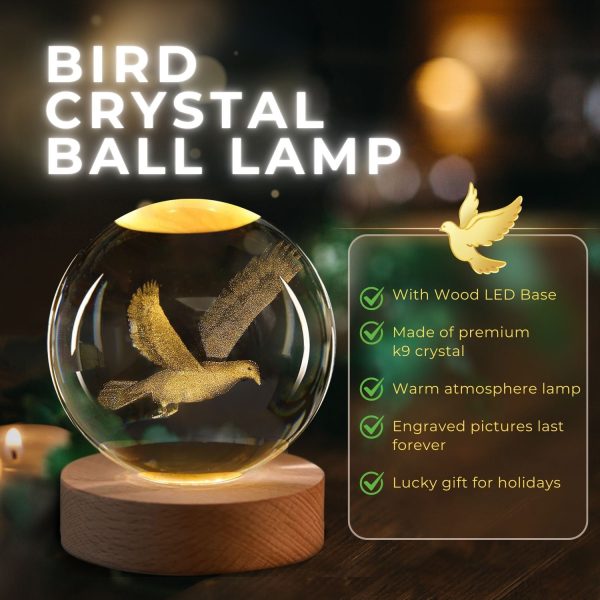 Flexzion 3D Bird Crystal Ball Night Light - LED Light Hologram Glass Lamp w/ Solid Wood Base, USB Powered Crystal Ball Lamp w/ Adjustable Brightness for Home Decor Display Gift, 3.15 inch (80mm) - Image 2