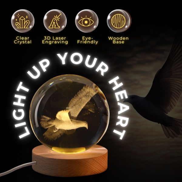 Flexzion 3D Bird Crystal Ball Night Light - LED Light Hologram Glass Lamp w/ Solid Wood Base, USB Powered Crystal Ball Lamp w/ Adjustable Brightness for Home Decor Display Gift, 3.15 inch (80mm) - Image 3