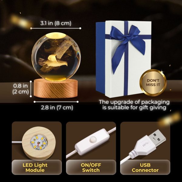 Flexzion 3D Bird Crystal Ball Night Light - LED Light Hologram Glass Lamp w/ Solid Wood Base, USB Powered Crystal Ball Lamp w/ Adjustable Brightness for Home Decor Display Gift, 3.15 inch (80mm) - Image 5