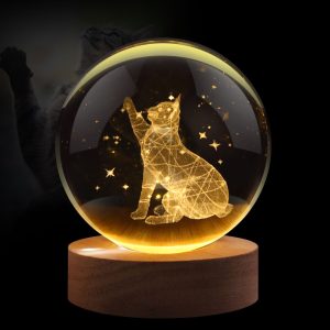 Flexzion 3D Cat Crystal Ball Night Light - LED Light Hologram Glass Lamp w/ Solid Wood Base, USB Powered Crystal Ball Lamp w/ Adjustable Brightness for Home Decor Display Gift, 3.15 inch (80mm)