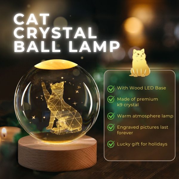 Flexzion 3D Cat Crystal Ball Night Light - LED Light Hologram Glass Lamp w/ Solid Wood Base, USB Powered Crystal Ball Lamp w/ Adjustable Brightness for Home Decor Display Gift, 3.15 inch (80mm) - Image 2