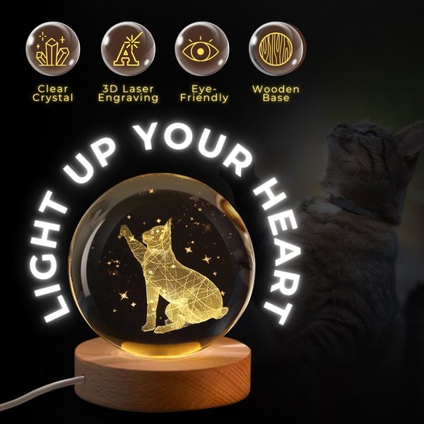 Flexzion 3D Cat Crystal Ball Night Light - LED Light Hologram Glass Lamp w/ Solid Wood Base, USB Powered Crystal Ball Lamp w/ Adjustable Brightness for Home Decor Display Gift, 3.15 inch (80mm) - Image 3