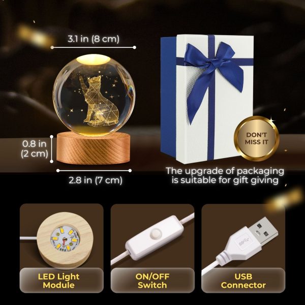 Flexzion 3D Cat Crystal Ball Night Light - LED Light Hologram Glass Lamp w/ Solid Wood Base, USB Powered Crystal Ball Lamp w/ Adjustable Brightness for Home Decor Display Gift, 3.15 inch (80mm) - Image 5
