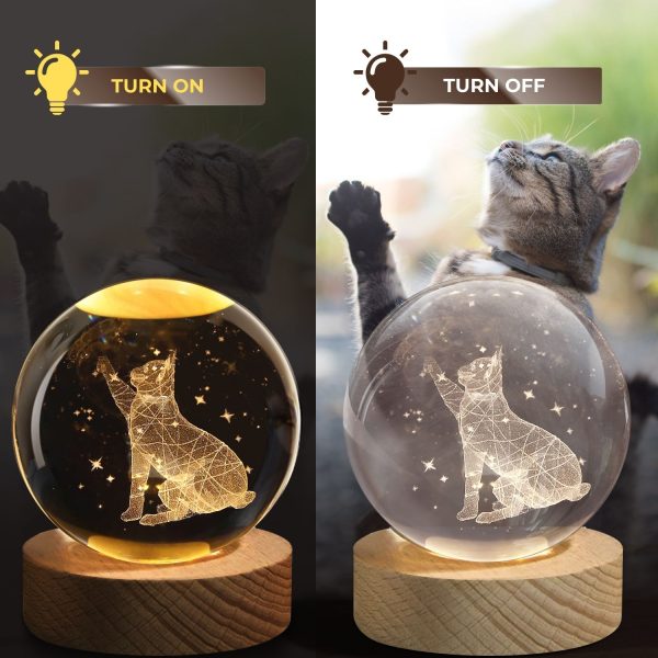 Flexzion 3D Cat Crystal Ball Night Light - LED Light Hologram Glass Lamp w/ Solid Wood Base, USB Powered Crystal Ball Lamp w/ Adjustable Brightness for Home Decor Display Gift, 3.15 inch (80mm) - Image 8