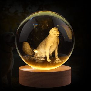 Flexzion 3D Dog Crystal Ball Night Light - LED Light Hologram Glass Lamp w/ Solid Wood Base, USB Powered Crystal Ball Lamp w/ Adjustable Brightness for Home Decor Display Gift, 3.15 inch (80mm)