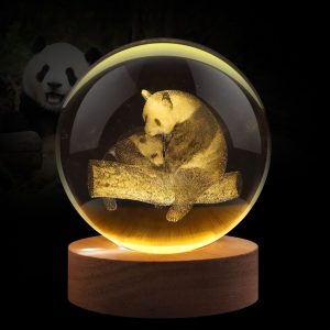 Flexzion 3D Panda Crystal Ball Night Light - LED Light Hologram Glass Lamp w/ Solid Wood Base, USB Powered Crystal Ball Lamp w/ Adjustable Brightness for Home Decor Display Gift, 3.15 inch (80mm)