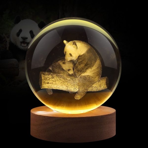 Flexzion 3D Panda Crystal Ball Night Light - LED Light Hologram Glass Lamp w/ Solid Wood Base, USB Powered Crystal Ball Lamp w/ Adjustable Brightness for Home Decor Display Gift, 3.15 inch (80mm)