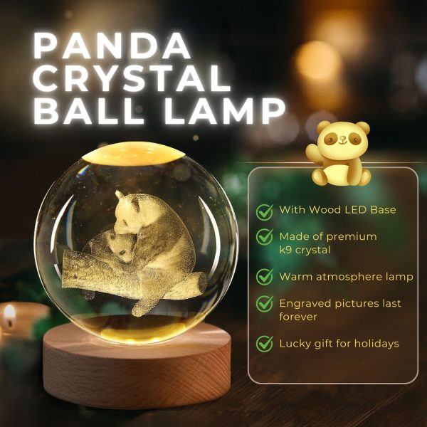 Flexzion 3D Panda Crystal Ball Night Light - LED Light Hologram Glass Lamp w/ Solid Wood Base, USB Powered Crystal Ball Lamp w/ Adjustable Brightness for Home Decor Display Gift, 3.15 inch (80mm) - Image 2