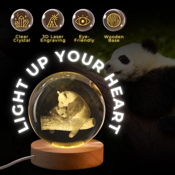Flexzion 3D Panda Crystal Ball Night Light - LED Light Hologram Glass Lamp w/ Solid Wood Base, USB Powered Crystal Ball Lamp w/ Adjustable Brightness for Home Decor Display Gift, 3.15 inch (80mm) - Image 3