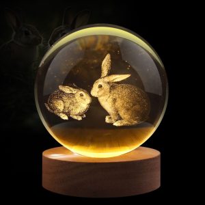 Flexzion 3D Rabbit Crystal Ball Night Light - LED Light Hologram Glass Lamp w/ Solid Wood Base, USB Powered Crystal Ball Lamp w/ Adjustable Brightness for Home Decor Display Gift, 3.15 inch (80mm)