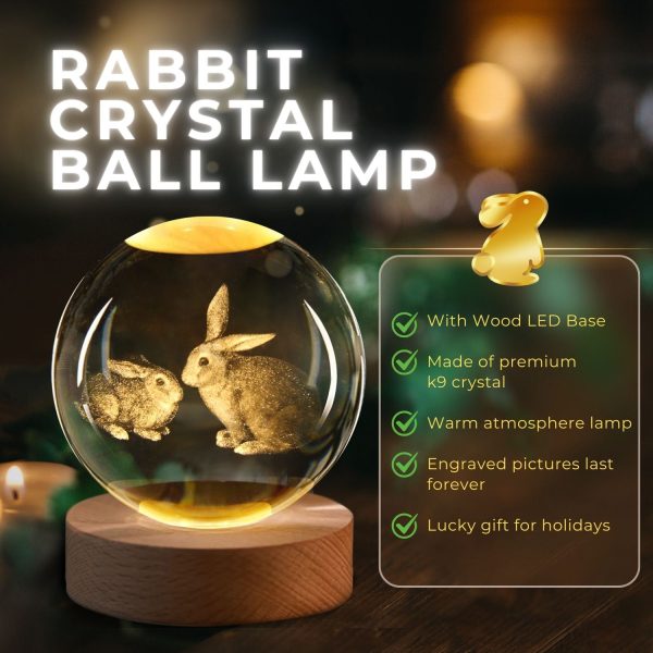 Flexzion 3D Rabbit Crystal Ball Night Light - LED Light Hologram Glass Lamp w/ Solid Wood Base, USB Powered Crystal Ball Lamp w/ Adjustable Brightness for Home Decor Display Gift, 3.15 inch (80mm) - Image 2