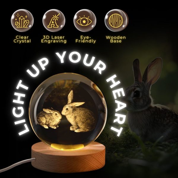 Flexzion 3D Rabbit Crystal Ball Night Light - LED Light Hologram Glass Lamp w/ Solid Wood Base, USB Powered Crystal Ball Lamp w/ Adjustable Brightness for Home Decor Display Gift, 3.15 inch (80mm) - Image 3