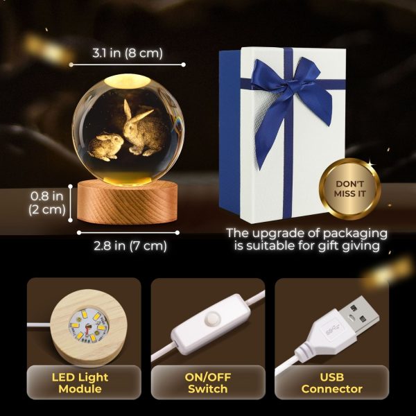 Flexzion 3D Rabbit Crystal Ball Night Light - LED Light Hologram Glass Lamp w/ Solid Wood Base, USB Powered Crystal Ball Lamp w/ Adjustable Brightness for Home Decor Display Gift, 3.15 inch (80mm) - Image 5