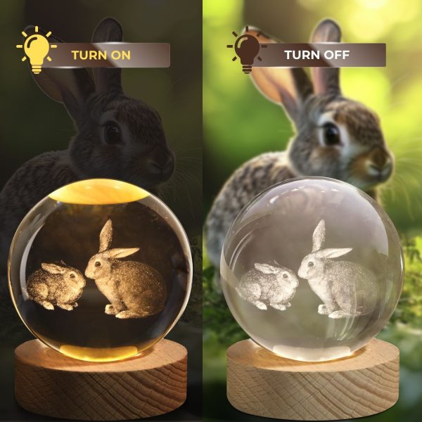 Flexzion 3D Rabbit Crystal Ball Night Light - LED Light Hologram Glass Lamp w/ Solid Wood Base, USB Powered Crystal Ball Lamp w/ Adjustable Brightness for Home Decor Display Gift, 3.15 inch (80mm) - Image 8
