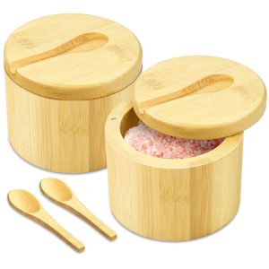 Flexzion Bamboo Salt Cellar with Lid and Spoon - Salt and Pepper Containers for Paprika, Herbs, Spice, Sugar - Bamboo Pepper Jar Storage Box Holder w/ Magnetic Swivel Lid for Kitchen, 6 oz (Set of 2)