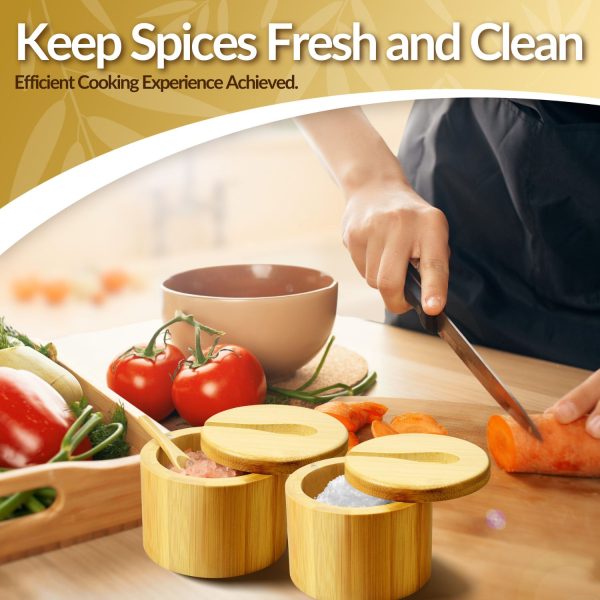 Flexzion Bamboo Salt Cellar with Lid and Spoon - Salt and Pepper Containers for Paprika, Herbs, Spice, Sugar - Bamboo Pepper Jar Storage Box Holder w/ Magnetic Swivel Lid for Kitchen, 6 oz (Set of 2) - Image 2