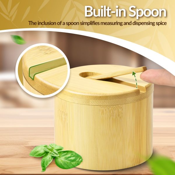 Flexzion Bamboo Salt Cellar with Lid and Spoon - Salt and Pepper Containers for Paprika, Herbs, Spice, Sugar - Bamboo Pepper Jar Storage Box Holder w/ Magnetic Swivel Lid for Kitchen, 6 oz (Set of 2) - Image 4