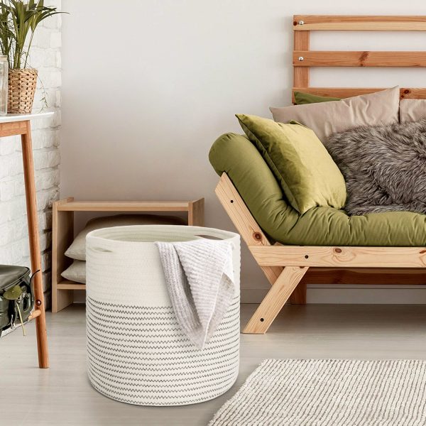 Flexzion Plant Basket Modern Urban Boho Cotton Rope Basket Indoor Planter Holder (Up to 11 Inch Flower Pot) Macrame Woven Storage Organizer Bin with Handles Home Decor Storage Basket 12" x 12" - Image 4