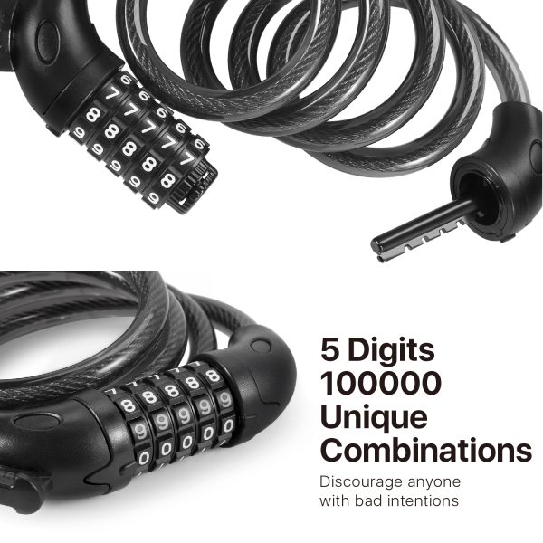 Flexzion Combination Bike Lock Cable - 5-Digit Combo Bicycle Lock Cable, Keyless, Heavy-Duty Anti Theft Bike Lock with Mounting Bracket for Kids Bike, E-Bike, Motorcycle and More, Black - Image 4