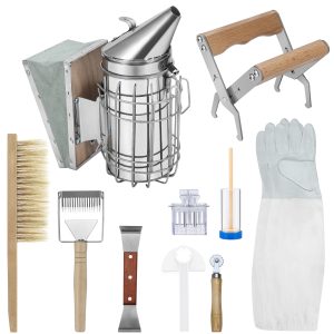 Flexzion Bee Keeping Starter Kit - 10 Piece Beekeeping Tools & Bee Keeping Supplies-All Set with Smoker, Frame Holder, Gloves, Bee Brush, Scraper, Fork, Queen Clip Cage, Marking Tube, Feeder & Frame