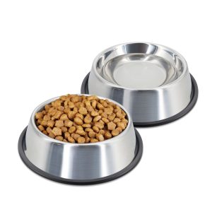 Flexzion Stainless Steel Dog Bowl No Mess Non Spill Dog Water Bowl Rubber Base Dog Bowls for Medium Sized Dog, Food and Water Dish, Pet Food Holder, 22 cm, 2 Pack