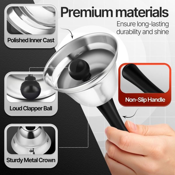 Flexzion Hand Bells - Call Bell with Black Handle & Silver Steel Ringer for Desk Service, Classroom, Reception, Hotel, Hospital, Alarm, Help Summon, Wedding Event, Witchcraft, Decoration, 1 Pack - Image 5