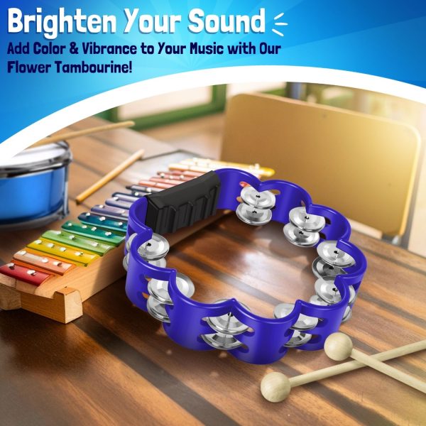 Flexzion Flower Tambourine - 8 Inch Handheld Percussion Instrument w/ Metal Jingles & Ergonomic Grip - Small Tambourines for Adults, Kids, Church, Parties, & Musical Events (Blue) - Image 2