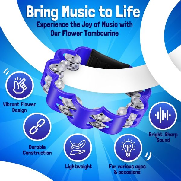 Flexzion Flower Tambourine - 8 Inch Handheld Percussion Instrument w/ Metal Jingles & Ergonomic Grip - Small Tambourines for Adults, Kids, Church, Parties, & Musical Events (Blue) - Image 5