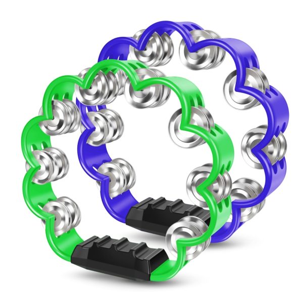 Flexzion Flower Tambourine - 8 Inch Handheld Percussion Instrument w/ Metal Jingles & Ergonomic Grip - Small Tambourines for Adults, Kids, Church, Parties, & Musical Events (2 Pack - Blue & Green)