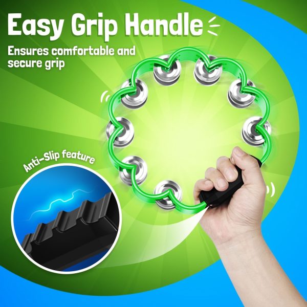 Flexzion Flower Tambourine - 8 Inch Handheld Percussion Instrument w/ Metal Jingles & Ergonomic Grip - Small Tambourines for Adults, Kids, Church, Parties, & Musical Events (2 Pack - Blue & Green) - Image 4