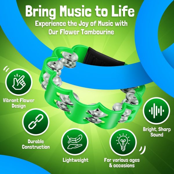 Flexzion Flower Tambourine - 8 Inch Handheld Percussion Instrument w/ Metal Jingles & Ergonomic Grip - Small Tambourines for Adults, Kids, Church, Parties, & Musical Events (2 Pack - Blue & Green) - Image 5