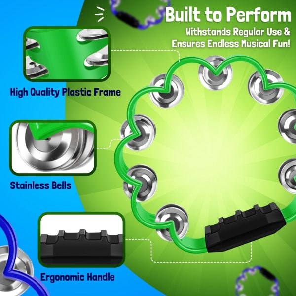 Flexzion Flower Tambourine - 8 Inch Handheld Percussion Instrument w/ Metal Jingles & Ergonomic Grip - Small Tambourines for Adults, Kids, Church, Parties, & Musical Events (2 Pack - Blue & Green) - Image 6