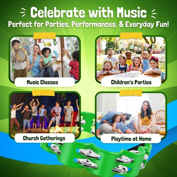 Flexzion Flower Tambourine - 8 Inch Handheld Percussion Instrument w/ Metal Jingles & Ergonomic Grip - Small Tambourines for Adults, Kids, Church, Parties, & Musical Events (2 Pack - Blue & Green) - Image 8