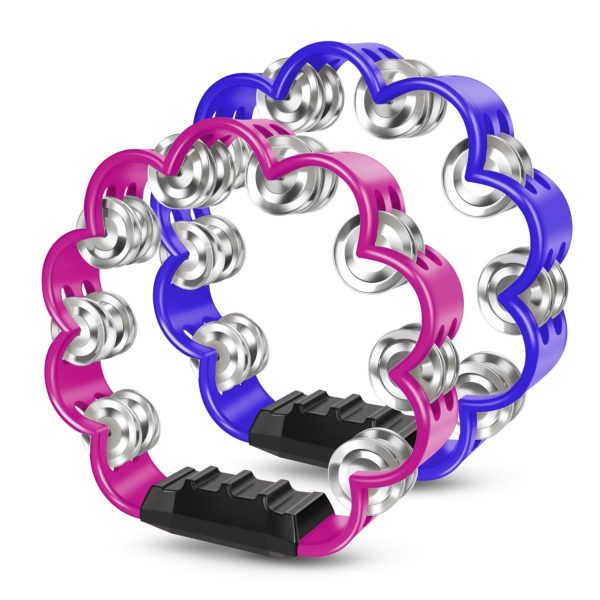 Flexzion Flower Tambourine - 8 Inch Handheld Percussion Instrument w/ Metal Jingles & Ergonomic Grip - Small Tambourines for Adults, Kids, Church, Parties, & Musical Events (2 Pack - Blue & Pink)