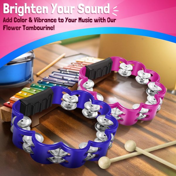 Flexzion Flower Tambourine - 8 Inch Handheld Percussion Instrument w/ Metal Jingles & Ergonomic Grip - Small Tambourines for Adults, Kids, Church, Parties, & Musical Events (2 Pack - Blue & Pink) - Image 2