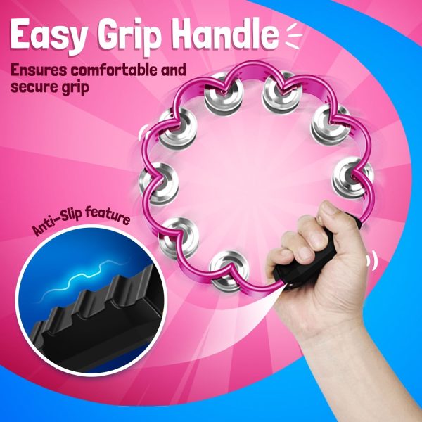Flexzion Flower Tambourine - 8 Inch Handheld Percussion Instrument w/ Metal Jingles & Ergonomic Grip - Small Tambourines for Adults, Kids, Church, Parties, & Musical Events (2 Pack - Blue & Pink) - Image 4