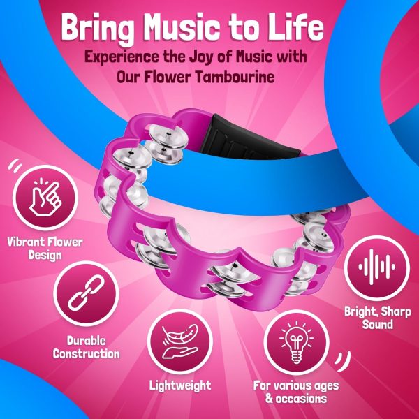 Flexzion Flower Tambourine - 8 Inch Handheld Percussion Instrument w/ Metal Jingles & Ergonomic Grip - Small Tambourines for Adults, Kids, Church, Parties, & Musical Events (2 Pack - Blue & Pink) - Image 5