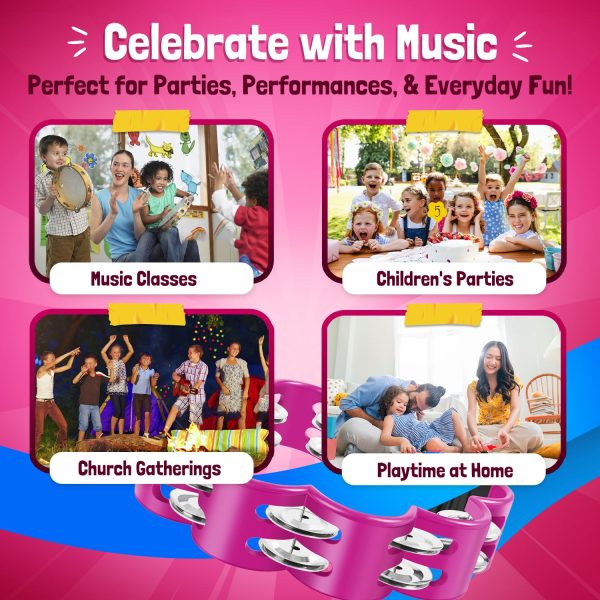 Flexzion Flower Tambourine - 8 Inch Handheld Percussion Instrument w/ Metal Jingles & Ergonomic Grip - Small Tambourines for Adults, Kids, Church, Parties, & Musical Events (2 Pack - Blue & Pink) - Image 8