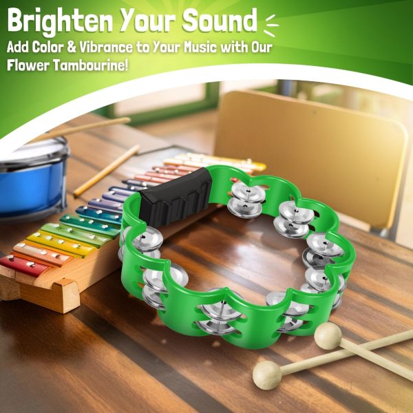 Flexzion Flower Tambourine - 8 Inch Handheld Percussion Instrument w/ Metal Jingles & Ergonomic Grip - Small Tambourines for Adults, Kids, Church, Parties, & Musical Events (Green) - Image 2