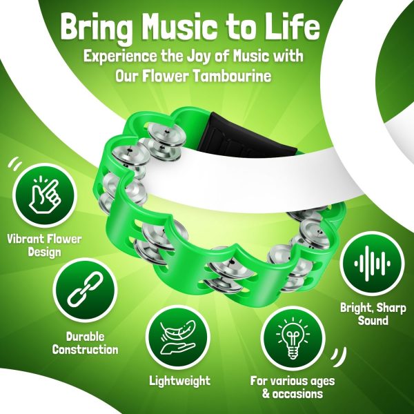 Flexzion Flower Tambourine - 8 Inch Handheld Percussion Instrument w/ Metal Jingles & Ergonomic Grip - Small Tambourines for Adults, Kids, Church, Parties, & Musical Events (Green) - Image 5