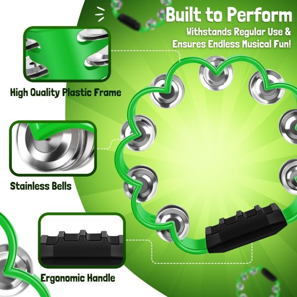Flexzion Flower Tambourine - 8 Inch Handheld Percussion Instrument w/ Metal Jingles & Ergonomic Grip - Small Tambourines for Adults, Kids, Church, Parties, & Musical Events (Green) - Image 6
