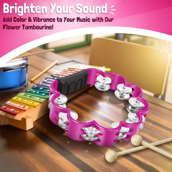Flexzion Flower Tambourine - 8 Inch Handheld Percussion Instrument w/ Metal Jingles & Ergonomic Grip - Small Tambourines for Adults, Kids, Church, Parties, & Musical Events (Pink) - Image 2