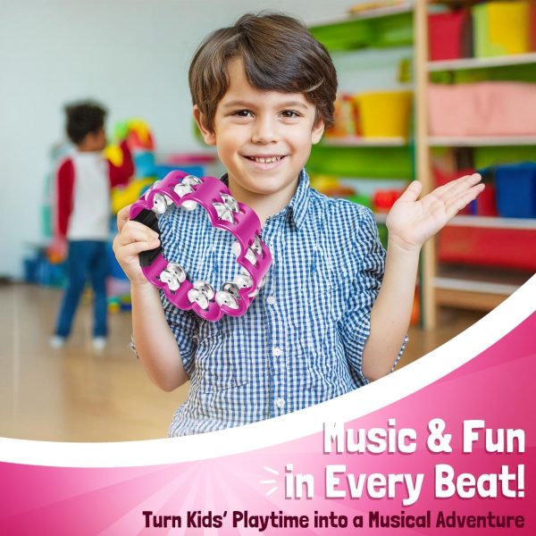 Flexzion Flower Tambourine - 8 Inch Handheld Percussion Instrument w/ Metal Jingles & Ergonomic Grip - Small Tambourines for Adults, Kids, Church, Parties, & Musical Events (Pink) - Image 3