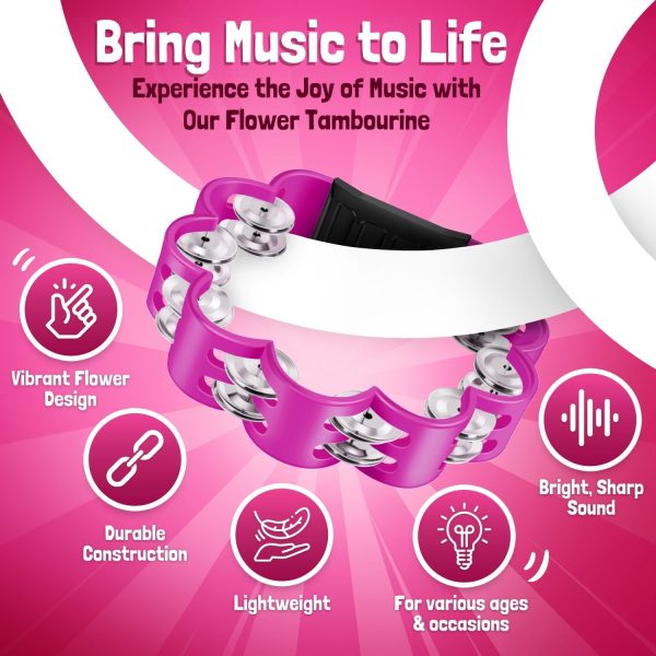 Flexzion Flower Tambourine - 8 Inch Handheld Percussion Instrument w/ Metal Jingles & Ergonomic Grip - Small Tambourines for Adults, Kids, Church, Parties, & Musical Events (Pink) - Image 5