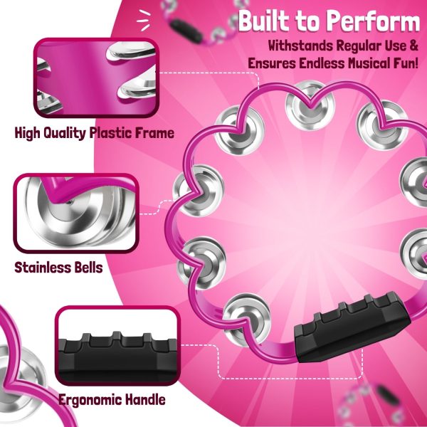 Flexzion Flower Tambourine - 8 Inch Handheld Percussion Instrument w/ Metal Jingles & Ergonomic Grip - Small Tambourines for Adults, Kids, Church, Parties, & Musical Events (Pink) - Image 6