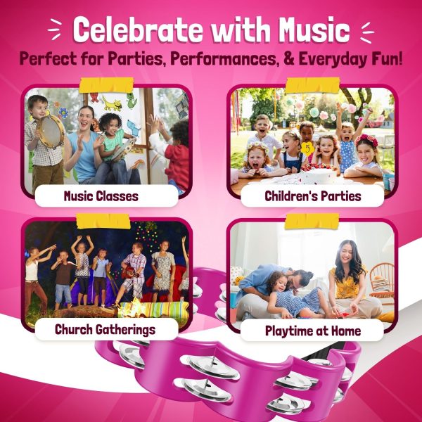 Flexzion Flower Tambourine - 8 Inch Handheld Percussion Instrument w/ Metal Jingles & Ergonomic Grip - Small Tambourines for Adults, Kids, Church, Parties, & Musical Events (Pink) - Image 8