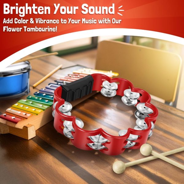 Flexzion Flower Tambourine - 8 Inch Handheld Percussion Instrument w/ Metal Jingles & Ergonomic Grip - Small Tambourines for Adults, Kids, Church, Parties, & Musical Events (Red) - Image 2