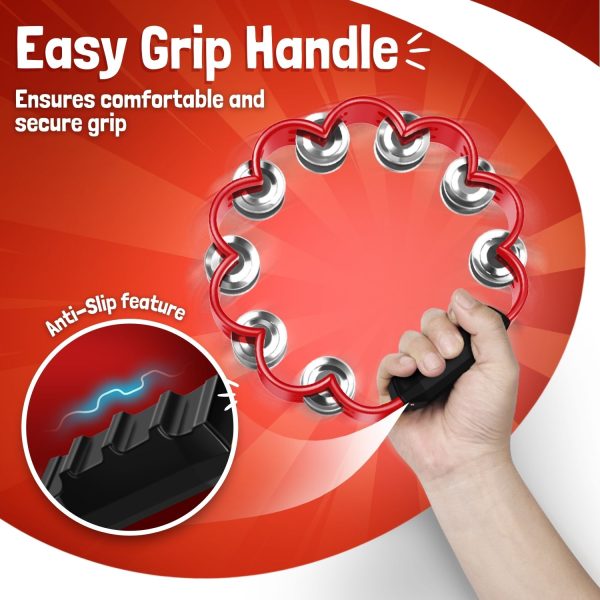 Flexzion Flower Tambourine - 8 Inch Handheld Percussion Instrument w/ Metal Jingles & Ergonomic Grip - Small Tambourines for Adults, Kids, Church, Parties, & Musical Events (Red) - Image 4