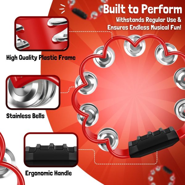 Flexzion Flower Tambourine - 8 Inch Handheld Percussion Instrument w/ Metal Jingles & Ergonomic Grip - Small Tambourines for Adults, Kids, Church, Parties, & Musical Events (Red) - Image 6