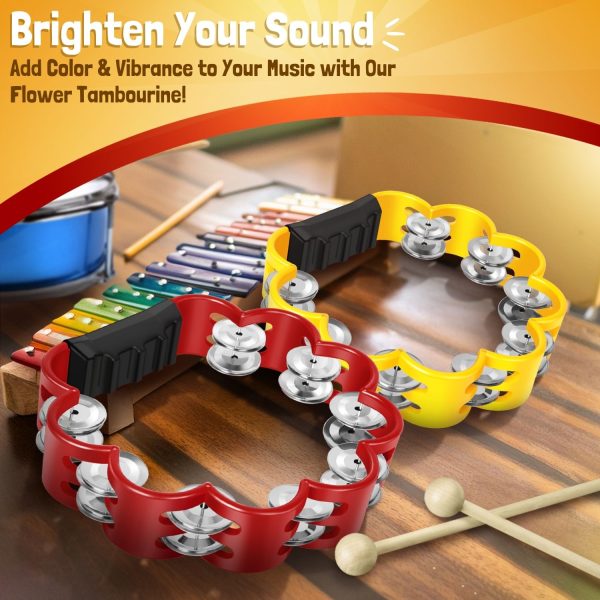 Flexzion Flower Tambourine - 8 Inch Handheld Percussion Instrument w/ Metal Jingles & Ergonomic Grip - Small Tambourines for Adults, Kids, Church, Parties, & Musical Events (2 Pack - Red & Yellow) - Image 2